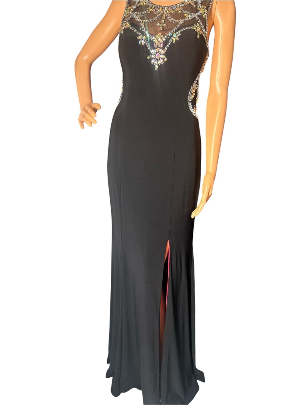 Adam Black Evening Gown with Pink Lining and Crystal Embellishments - Picture 4 of 8